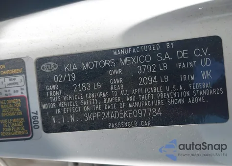 2019 Kia Forte Fe из США, поврежденный, VIN 3KPF24AD5KE097784